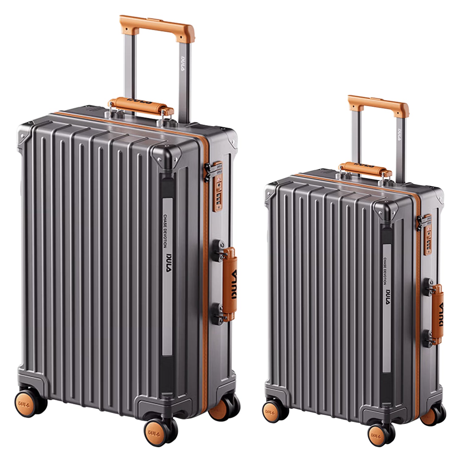 Gunmetal Grey Tan Multifunctional Carry On Luggage | Hard Shell Suitcase with Cup Holder, USB Charger & Phone Holder | Airline Approved