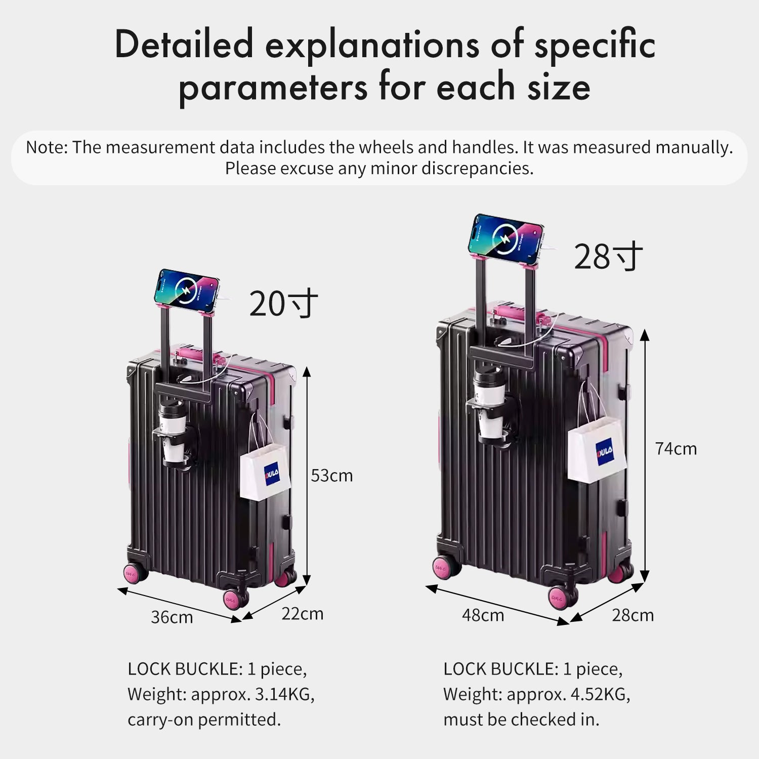 Gunmetal Grey Tan Multifunctional Carry On Luggage | Hard Shell Suitcase with Cup Holder, USB Charger & Phone Holder | Airline Approved