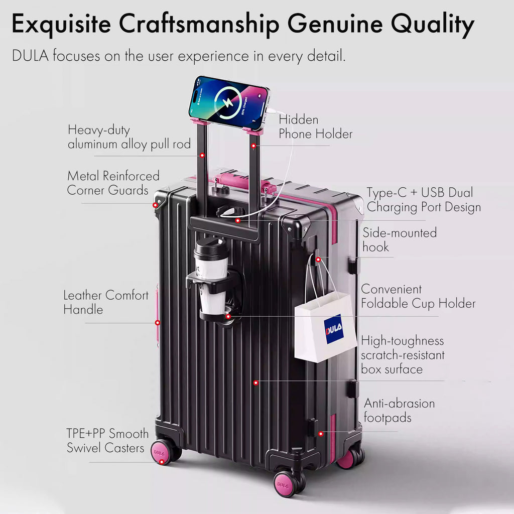 Black Pink Hard Shell Luggage | DULA Multifunctional Travel Suitcase with TSA Lock & Aluminium Frame