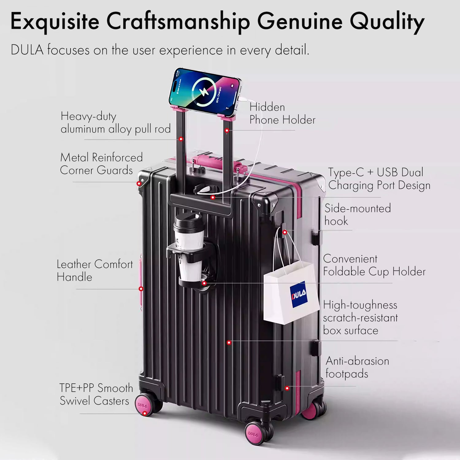 Gunmetal Grey Tan Multifunctional Carry On Luggage | Hard Shell Suitcase with Cup Holder, USB Charger & Phone Holder | Airline Approved