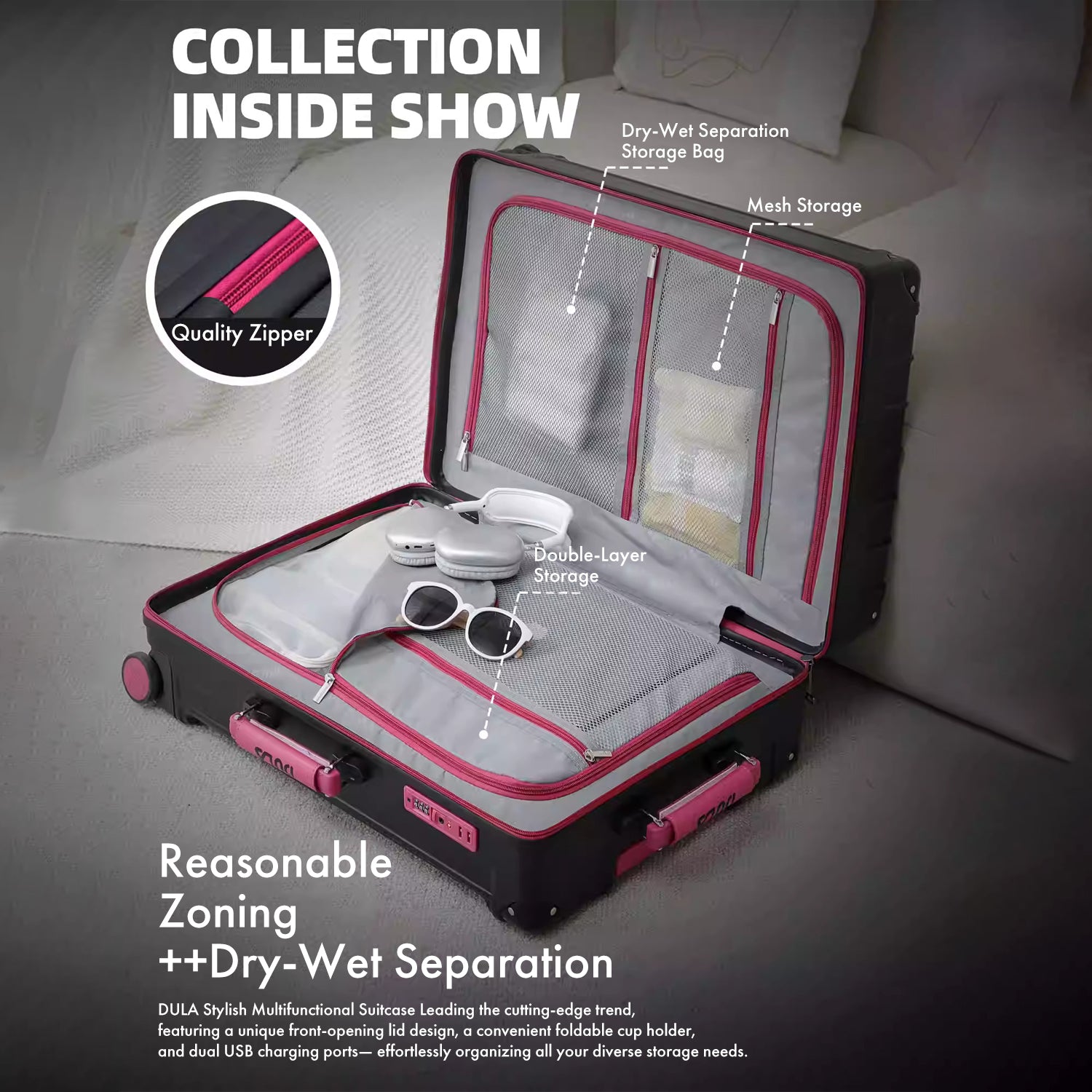 Gunmetal Grey Tan Multifunctional Carry On Luggage | Hard Shell Suitcase with Cup Holder, USB Charger & Phone Holder | Airline Approved